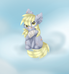 Size: 961x1027 | Tagged: safe, artist:brendalobinha, derpy hooves, pegasus, pony, bandage, cloud, cute, derpabetes, ear fluff, female, mare, scar, sitting, sky, solo