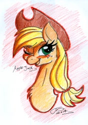 Size: 1239x1751 | Tagged: safe, artist:digitaldomain123, applejack, earth pony, pony, blushing, bust, colored, solo, traditional art