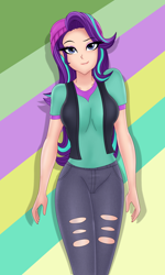 Size: 1276x2126 | Tagged: safe, artist:anonix123, starlight glimmer, equestria girls, mirror magic, spoiler:eqg specials, beanie, clothes, hat, human coloration, looking at you, pants, smiling, solo