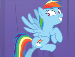 Size: 1236x937 | Tagged: safe, derpibooru import, screencap, rainbow dash, pegasus, pony, grannies gone wild, cropped, eager, excited, female, looking back, mare, rainbow dash is best facemaker, smiling, spread wings, wings