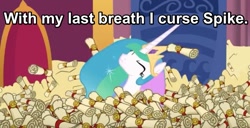 Size: 979x501 | Tagged: safe, screencap, princess celestia, alicorn, pony, 28 pranks later, big ol' pile o' scrolls, futurama, scrollestia meme, with my last breath i curse zoidberg