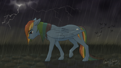 Size: 1920x1080 | Tagged: safe, artist:bluefeathercat, derpibooru import, rainbow dash, pegasus, pony, female, lightning, mare, rain, sad, solo, walking, wet mane