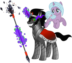 Size: 5058x4409 | Tagged: safe, artist:osipush, derpibooru import, idw, king sombra, radiant hope, pony, unicorn, absurd resolution, armor, cape, clothes, crying, dark magic, heroes of might and magic, levitation, ponies of flight and magic, red eyes, simple background, sombra eyes, transparent background, weapon