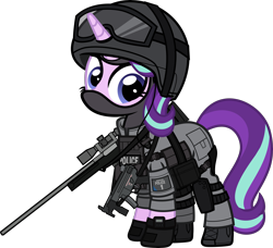 Size: 6000x5475 | Tagged: safe, alternate version, artist:n0kkun, starlight glimmer, pony, unicorn, accuracy international, armor, awm, balaclava, belt, boots, british, clothes, earpiece, female, gloves, goggles, gun, helmet, knee pads, mare, mp5, mp5k, pants, police, pouch, rifle, sco19, shoes, simple background, sniper, sniper rifle, solo, submachinegun, transparent background, united kingdom, watch, weapon, wristwatch