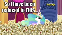 Size: 1280x720 | Tagged: safe, edit, edited screencap, screencap, princess celestia, alicorn, pony, 28 pranks later, big ol' pile o' scrolls, meme, scrollestia meme, solo