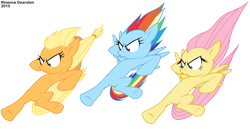 Size: 2636x1356 | Tagged: safe, artist:pupster0071, derpibooru import, applejack, fluttershy, rainbow dash, earth pony, pegasus, pony, divekick, female, kick, mare, out of character, simple background, transparent background, underhoof