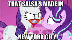 Size: 711x400 | Tagged: safe, edit, edited screencap, screencap, rarity, starlight glimmer, pony, unicorn, a-dressing memories, spoiler:a-dressing memories, spoiler:mlp friendship is forever, caption, carousel boutique, image macro, new york city, pace, pace salsa, rarity's glasses, salsa, text