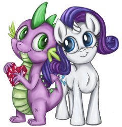 Size: 1698x1767 | Tagged: safe, artist:thebowtieone, rarity, spike, dragon, pony, unicorn, baby, baby dragon, blue eyes, cute, cutie mark, female, fire ruby, gem, green eyes, head tilt, horn, jewel, looking at each other, male, mare, raribetes, shipping, simple background, small, smiling, sparity, spikabetes, straight, transparent background