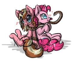 Size: 600x490 | Tagged: safe, artist:sapphfyr, pinkie pie, oc, oc:snake milkshake, earth pony, pony, snake, heart, question mark, sitting, tongue out