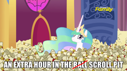 Size: 1280x720 | Tagged: safe, edit, edited screencap, screencap, princess celestia, alicorn, pony, 28 pranks later, ball pit, big ol' pile o' scrolls, caption, dashcon, discovery family logo, extra hour, image macro, meme, scroll, scrollestia meme