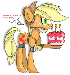 Size: 862x926 | Tagged: safe, applejack, earth pony, pony, robot, animatronic, applefreddy, birthday cake, cake, five nights at aj's, five nights at freddy's, party, solo