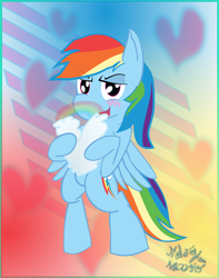 Size: 1024x1297 | Tagged: safe, artist:ndogmario, derpibooru import, rainbow dash, pegasus, pony, abstract background, bipedal, blushing, cloud, heart, heart shaped, holiday, rainbow, solo, standing upright, valentine's day