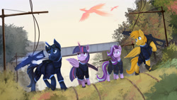 Size: 4000x2250 | Tagged: safe, artist:blackligerth, starlight glimmer, twilight sparkle, twilight sparkle (alicorn), oc, alicorn, pegasus, phoenix, pony, unicorn, clothes, glowing horn, gun, horn, military uniform, rifle, uniform, weapon