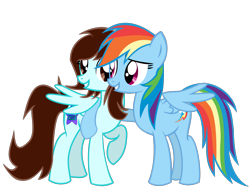 Size: 1600x1200 | Tagged: safe, artist:linormusicbeatpone, derpibooru import, rainbow dash, oc, oc:linormusicbeat, pegasus, pony, cute, dashabetes, friends, hoof around neck, hug, looking at each other, smiling, wings almost open