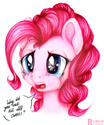 Size: 2475x2992 | Tagged: safe, artist:vird-gi, pinkie pie, earth pony, pony, crying, dialogue, simple background, solo, traditional art, white background