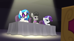 Size: 1280x720 | Tagged: safe, screencap, dj pon-3, octavia melody, rarity, vinyl scratch, earth pony, pony, unicorn, bloom and gloom, judges table