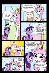 Size: 3300x4952 | Tagged: safe, artist:leon-z, princess celestia, twilight sparkle, twilight sparkle (alicorn), oc, alicorn, pony, comic:returns endings & beginnings, blushing, comic, female, jewelry, kissing, lesbian, mare, pink hair, pink-mane celestia, regalia, shipping, thunderbolt, twilestia