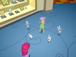 Size: 1024x768 | Tagged: safe, fluttershy, pinkie pie, rabbit, equestria girls, dancing, equestria girls app, mobile game, wat