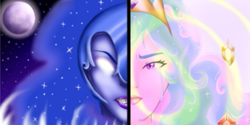 Size: 775x387 | Tagged: safe, artist:gamblingfoxinahat, nightmare moon, princess celestia, human, crying, elements of harmony, humanized, moon