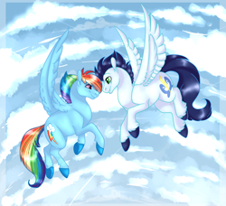 Size: 1096x1000 | Tagged: safe, artist:space-geckos, derpibooru import, rainbow dash, soarin', pegasus, pony, backwards cutie mark, female, flying, looking at each other, male, shipping, smiling, soarindash, straight