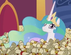 Size: 635x490 | Tagged: safe, screencap, princess celestia, alicorn, pony, 28 pranks later, big ol' pile o' scrolls, frown, looking at you, scroll, solo, wide eyes