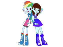 Size: 1600x1200 | Tagged: safe, artist:linormusicbeatpone, derpibooru import, rainbow dash, oc, oc:linormusicbeat, equestria girls, friendship games, back to back, boots, chs rally song, clothes, compression shorts, feminism, microphone, ponysona, shirt, shoes, simple background, skirt, sweatshirt, t-shirt, transparent background, vector