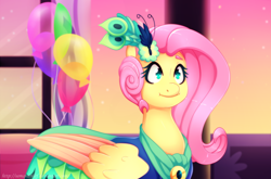 Size: 1280x844 | Tagged: safe, artist:samandriilrf, fluttershy, pegasus, pony, make new friends but keep discord, :i, clothes, dress, gala dress, scene interpretation, solo, we bought two cakes