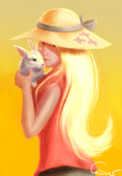 Size: 600x865 | Tagged: safe, artist:agataczerw, angel bunny, fluttershy, human, rabbit, albino, alternate color palette, hat, humanized, solo