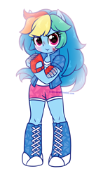 Size: 750x1277 | Tagged: dead source, safe, artist:licora, derpibooru import, rainbow dash, equestria girls, alternate hairstyle, chibi, clothes, fingerless gloves, gloves, injured, lip bite, shorts, solo