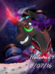 Size: 1024x1365 | Tagged: safe, artist:halcon24, derpibooru import, king sombra, pony, unicorn, dark magic, former good king sombra, good king sombra, grin, magic, smiling, solo, sombra eyes