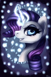 Size: 1024x1536 | Tagged: safe, artist:shkura2011, rarity, pony, unicorn, abstract background, bust, glowing horn, looking at you, magic, portrait, smiling, solo