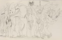 Size: 1500x981 | Tagged: safe, artist:takengrin endmmar, derpibooru exclusive, derpibooru import, lightning bolt, white lightning, oc, oc only, oc:azearia, oc:fåçmindile, oc:kanåtoüx the wise elder, oc:messifilies, oc:orícoria, alicorn, anthro, badger, dragon, abs, alicorn oc, beard, death, dragon god, facial hair, goddess, gods, gods and goddesses of super pony squad equeastria, greek mythology, grim reaper, high heel claws, jewelry, long dress, necktie, regalia, stitched mouth, tentacles, traditional art, zeus