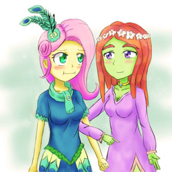 Size: 1000x1000 | Tagged: safe, artist:jumboz95, fluttershy, tree hugger, equestria girls, make new friends but keep discord, :i, breasts, busty tree hugger, cleavage, equestria girls-ified, female, flutterhugger, hootershy, humanized, lesbian, shipping, we bought two cakes