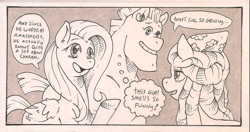 Size: 1196x630 | Tagged: safe, artist:raph13th, bulk biceps, fluttershy, tree hugger, pegasus, pony, make new friends but keep discord, black and white, comic, grayscale, tumblr