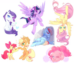 Size: 1280x1083 | Tagged: safe, artist:kkmrarar, derpibooru import, apple bloom, applejack, fluttershy, pinkie pie, rainbow dash, rarity, twilight sparkle, twilight sparkle (alicorn), alicorn, earth pony, pegasus, pony, unicorn, cowboy hat, female, filly, hat, mane six, mare, smiling, stetson