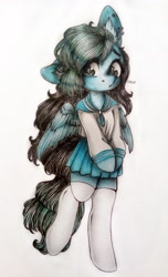 Size: 2438x4007 | Tagged: safe, artist:sunshine, oc, oc only, oc:liz, pegasus, pony, clothes, cute, ear piercing, female, floppy ears, fluffy, hooves, japanese school uniform, long mane, looking at you, mare, piercing, pleated skirt, school uniform, simple background, skirt, socks, solo, standing, stockings, thigh highs, traditional art, two toned mane, wings, zettai ryouiki