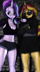 Size: 1080x1920 | Tagged: safe, artist:artempredator, starlight glimmer, sunset shimmer, anthro, 3d, belly button, breasts, cleavage, clothes, duo, midriff, source filmmaker, sports bra, sunglasses