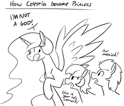 Size: 823x705 | Tagged: safe, artist:whatsapokemon, princess celestia, alicorn, pony, monochrome, monty python, monty python's life of brian, open mouth, raised hoof, smiling, spread wings, wide eyes