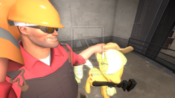 Size: 1024x576 | Tagged: safe, applejack, earth pony, pony, 3d, crossover, engiejack, engineer, eyes closed, mouth hold, petting, smiling, source filmmaker, team fortress 2