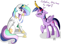 Size: 3769x2707 | Tagged: safe, artist:ho7y5hoxx, princess celestia, twilight sparkle, twilight sparkle (alicorn), alicorn, pony, banana, bananalestia, chest fluff, food, frown, high res, hoof shoes, horn, horn impalement, peytral, prank, raised hoof, sillestia, silly, simple background, smirk, transparent background, trollestia