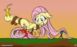 Size: 1236x750 | Tagged: safe, artist:arthur9078, artist:dfectivedvice, fluttershy, pegasus, pony, blue pikmin, bondage, bound, crossover, female, mare, nintendo, pikmin, red pikmin, rope, yellow pikmin