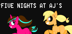 Size: 1006x469 | Tagged: safe, applejack, oc, earth pony, pony, applefreddy, five nights at aj's, five nights at freddy's, glowing eyes, missing hat, running, solo