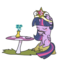 Size: 799x800 | Tagged: safe, artist:freakization, artist:sandra626, derpibooru import, twilight sparkle, twilight sparkle (alicorn), alicorn, pony, big crown thingy, blush sticker, blushing, chibi, crown, cute, drinking, element of magic, eyes closed, female, flower, grass, hay, hoof hold, mare, mushroom, plate, princess, simple background, sitting, smiling, solo, table, tea, teacup, transparent background, twiabetes, vase