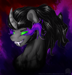 Size: 1414x1468 | Tagged: safe, artist:11-shadow, derpibooru import, king sombra, pony, unicorn, black mane, male, sharp teeth, solo, sombra eyes, stallion