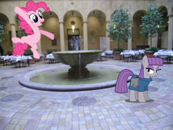 Size: 1280x960 | Tagged: safe, artist:cencerberon, artist:eli-j-brony, artist:quanno3, maud pie, pinkie pie, chair, irl, museum, photo, plant, ponies in real life, smiling, table, vector, water fountain