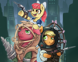 Size: 1255x1000 | Tagged: safe, artist:darksittich, apple bloom, applejack, big macintosh, earth pony, pony, big daddy, big sister, bioshock, crossover, little sister, male, stallion