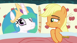 Size: 1920x1080 | Tagged: safe, edit, edited screencap, screencap, applejack, princess celestia, alicorn, earth pony, pony, 28 pranks later, /mlp/, 4chan, applejack's bed partner, applelestia, bed, exploitable meme, female, lesbian, mare, meme, pillow, shipping