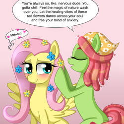 Size: 1000x1000 | Tagged: safe, artist:leffenkitty, fluttershy, tree hugger, pegasus, pony, make new friends but keep discord, blushing, duo, eyes closed, female, flower, flower in hair, flutterhugger, lesbian, shipping