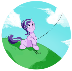 Size: 2507x2496 | Tagged: safe, artist:elicitie, starlight glimmer, pony, unicorn, cloud, cute, female, glimmerbetes, high res, hoof hold, kite, kite flying, mare, simple background, sitting, solo, that pony sure does love kites, transparent background