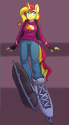 Size: 1340x2428 | Tagged: safe, artist:tigra0118, sunset shimmer, anthro, plantigrade anthro, clothes, colored pupils, female, fingerless gloves, gloves, ice skates, jeans, mare, no nose, pants, smiling, solo, sweater, vest